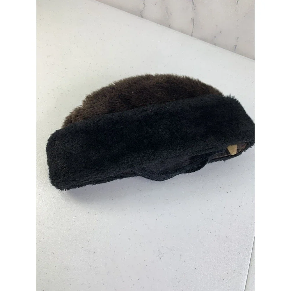 Vintage 50s 60s Fuzzy Hat Faux Fur Ear Warmer Cap Russian Style Brown Aviator